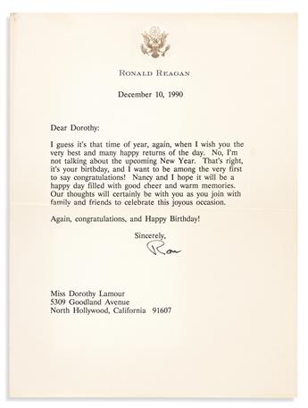 REAGAN, RONALD; AND NANCY. Two Typed Letters, each Signed by one, to Dorothy Lamour, on personal topics.